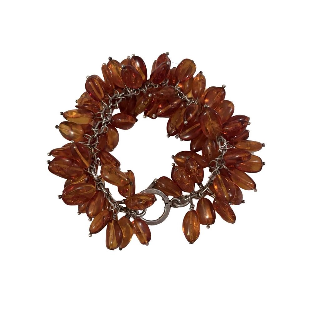 MCM Chunky Amber Stone Beaded Sterling Silver Toggle Cha Cha Vintage Bracelet